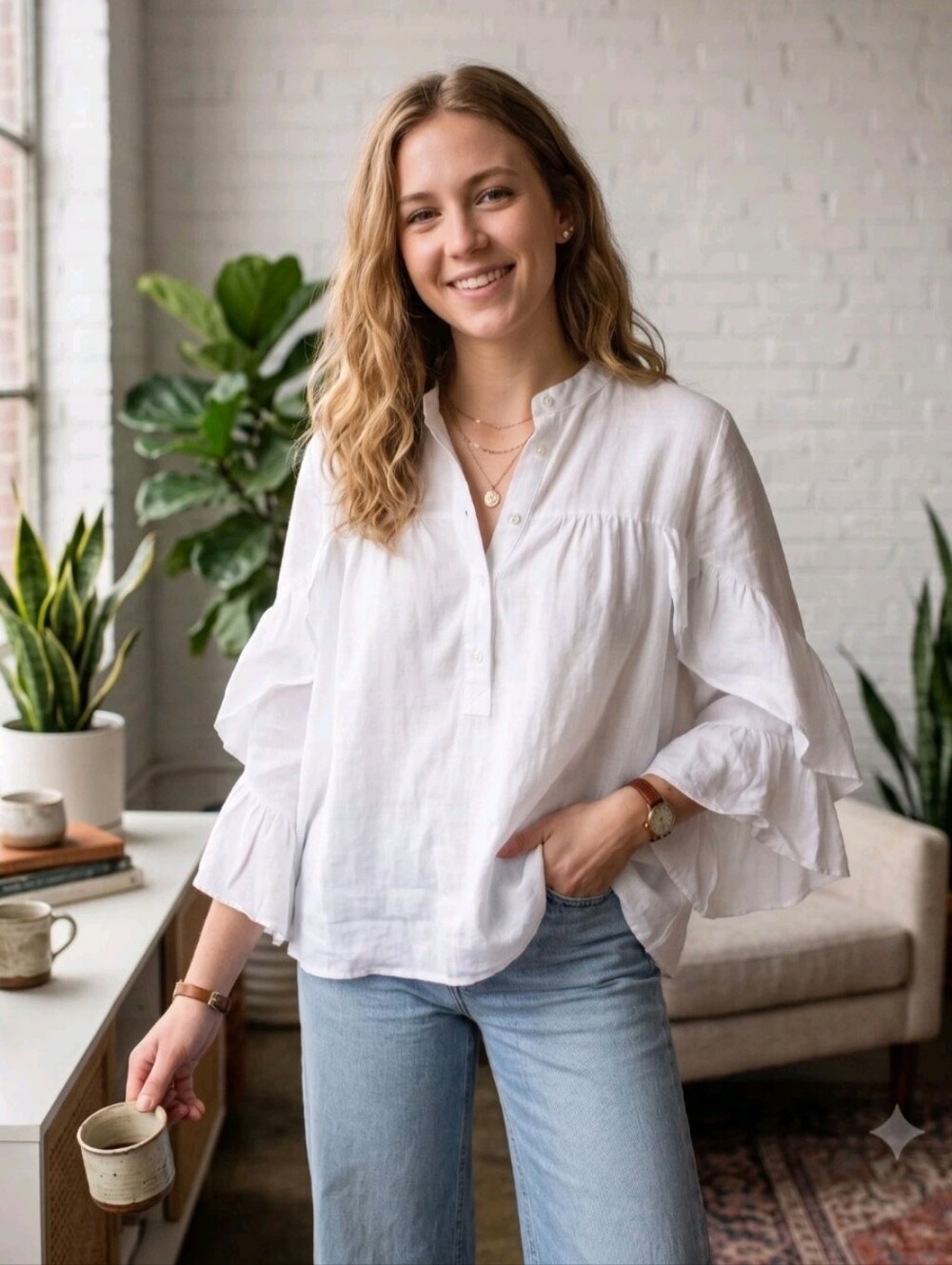 Anthropologie Maeve White Puff Sleeve Cotton Top Small